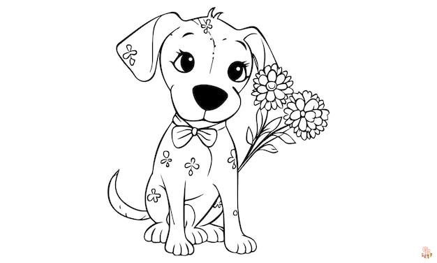 Ausmalbilder Hund mit Blumen