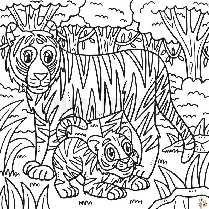 Ausmalbilder Tiger Mutter und Baby Tiger