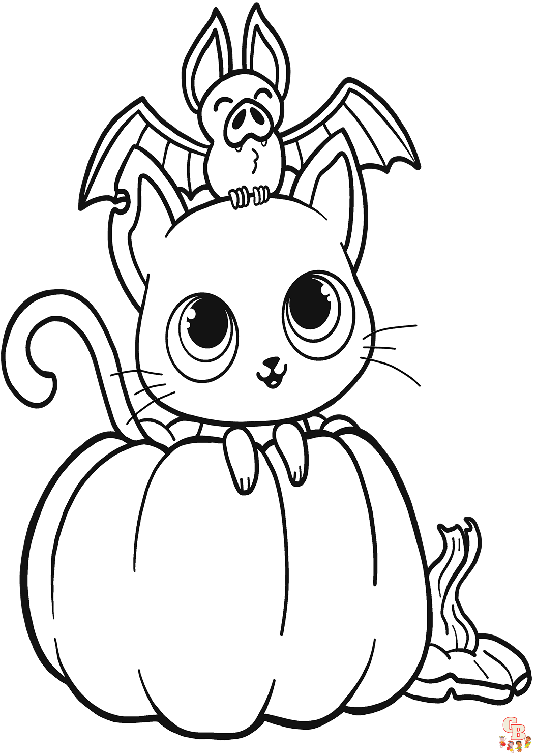 bat cat and pumpkin coloring page