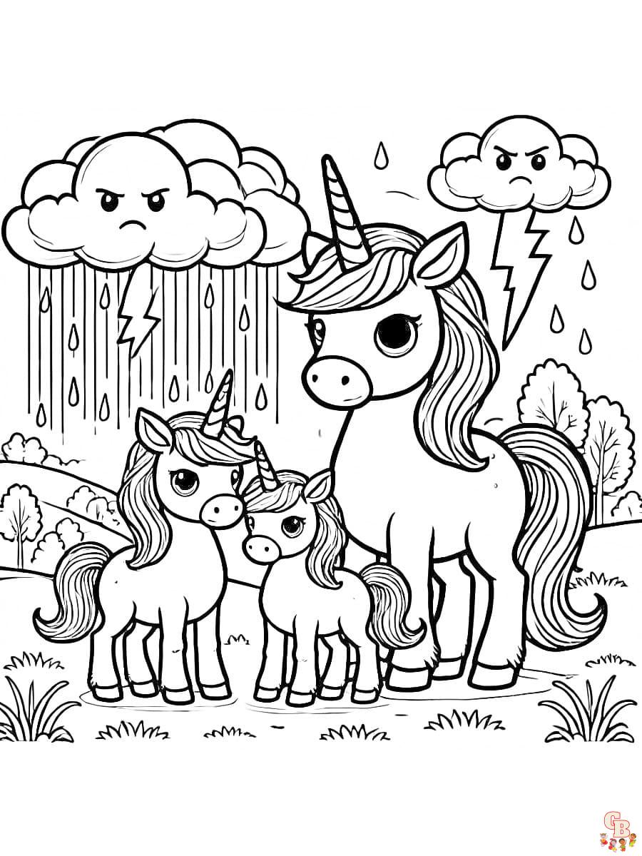 Ausmalbild Einhorn Familie schützt vor Blitz und Regen