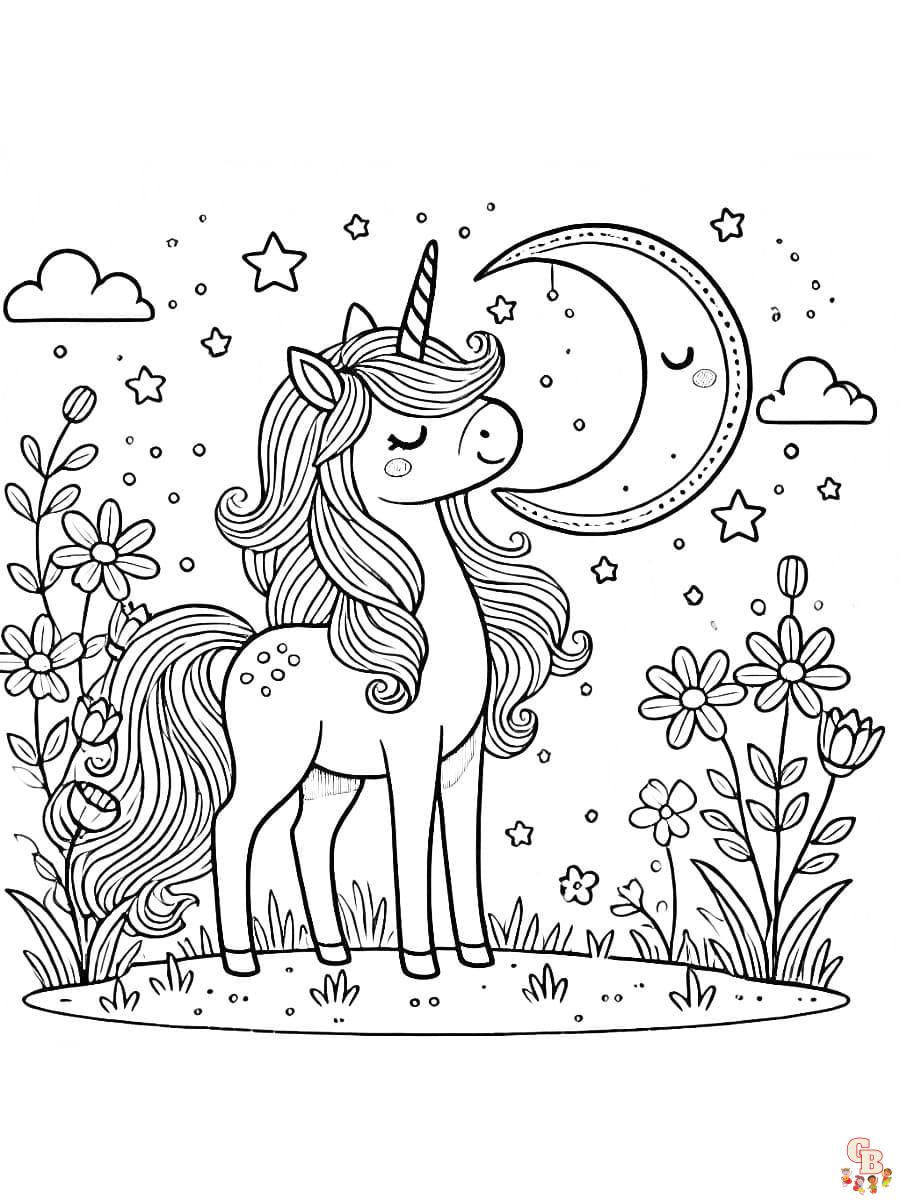 Magisches Ausmalbild Einhorn My Little Pony mit Mond und Blumen