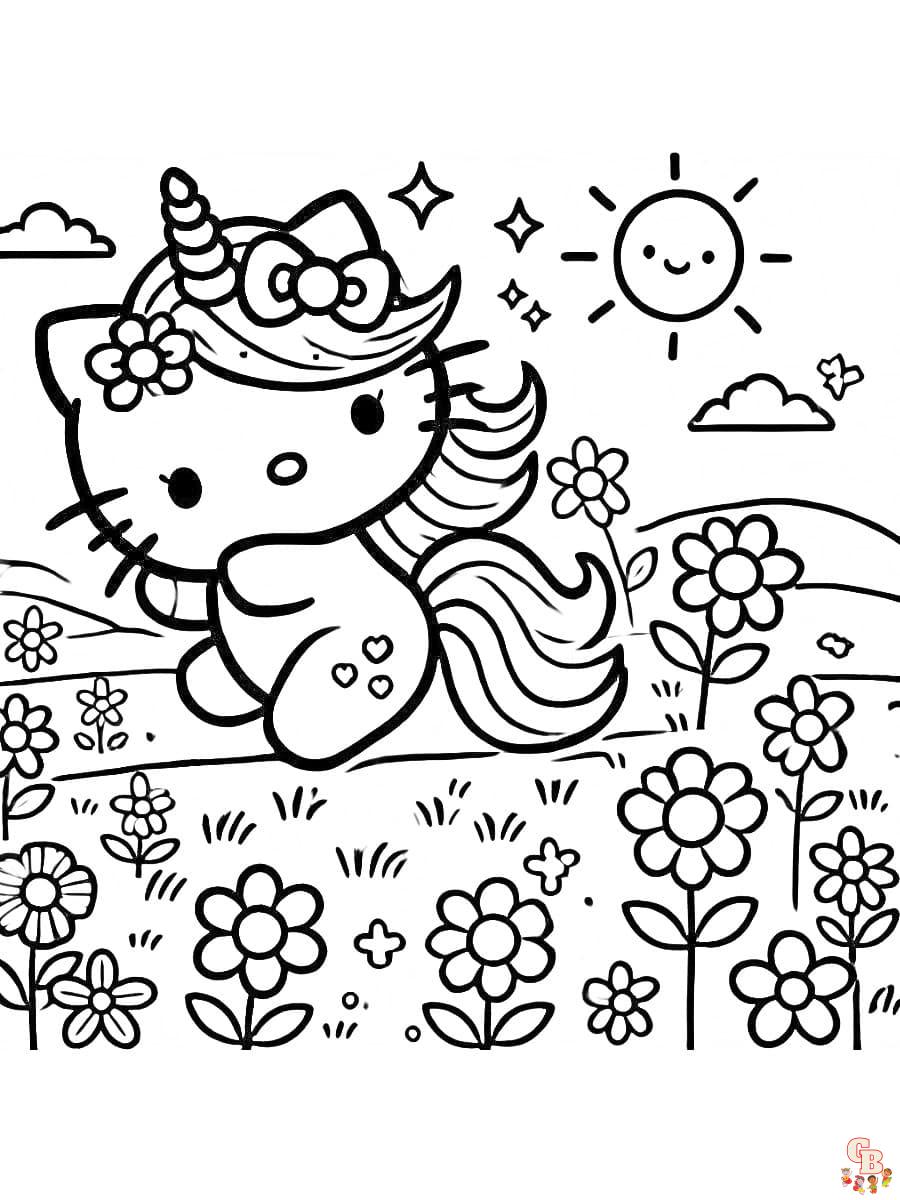 Fröhliches Ausmalbild Hello Kitty Einhorn mit Blumen und Schleife