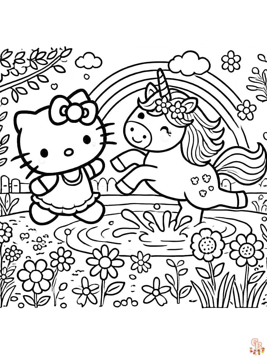 Fröhliches Ausmalbild Hello Kitty Einhorn mit Blumen und Regenbogen