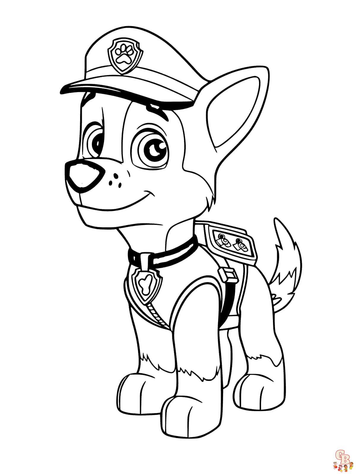 Ausmalbild Paw Patrol Rocky mit Polizeimütze und Abzeichen