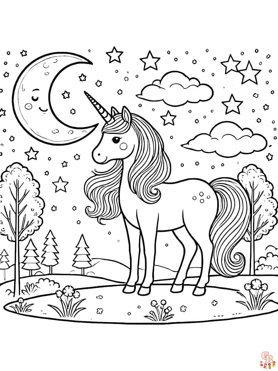 Ausmalbild einhorn unter dem Mond