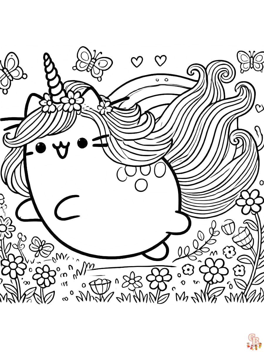 Ausmalbilder Pusheen Einhorn Lebhaftes im Blumenfeld mit Regenbogen