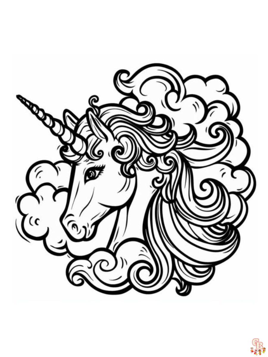 Das Einhorn hat ein elegantes Horn, eine geschwungene Mähne und magische Wolken