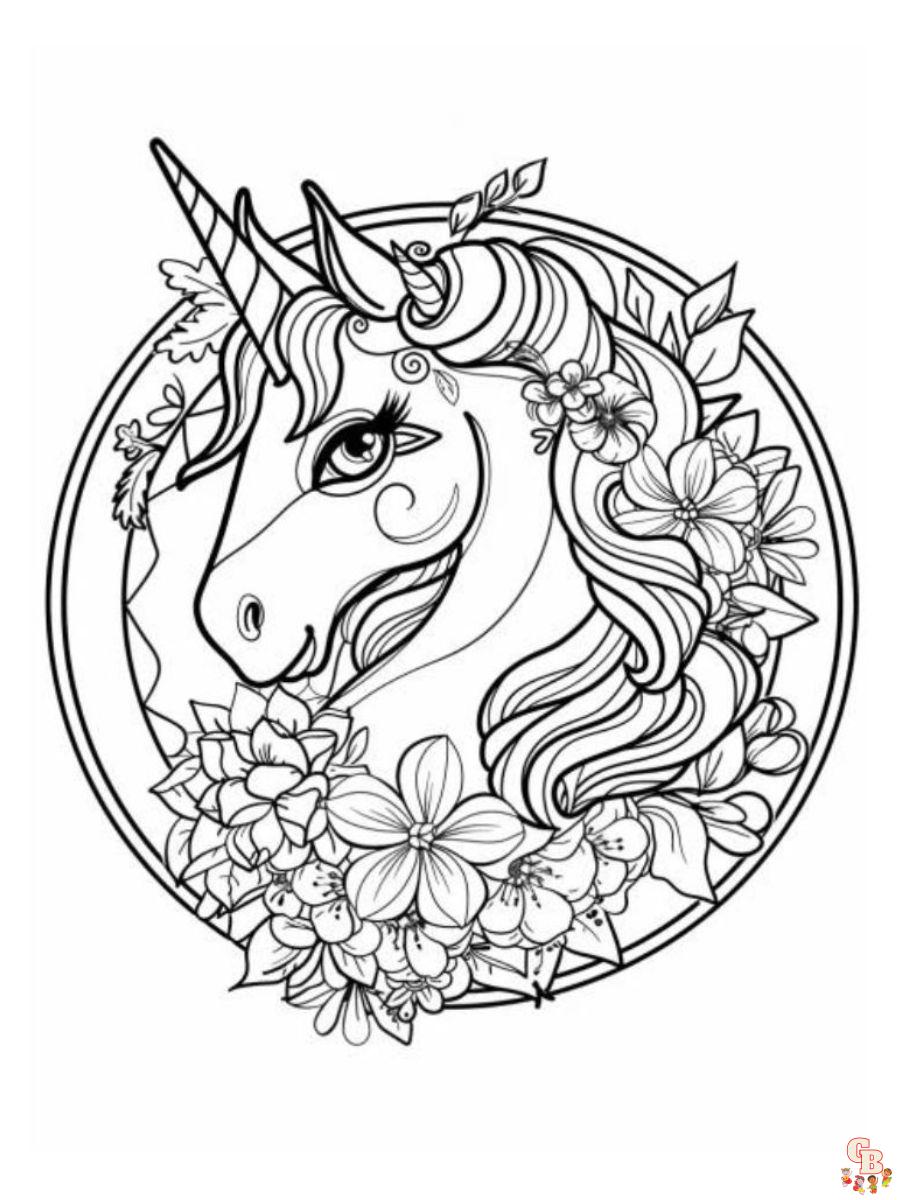 Dieses Ausmalbild zeigt einen Einhornkopf mit Blumen