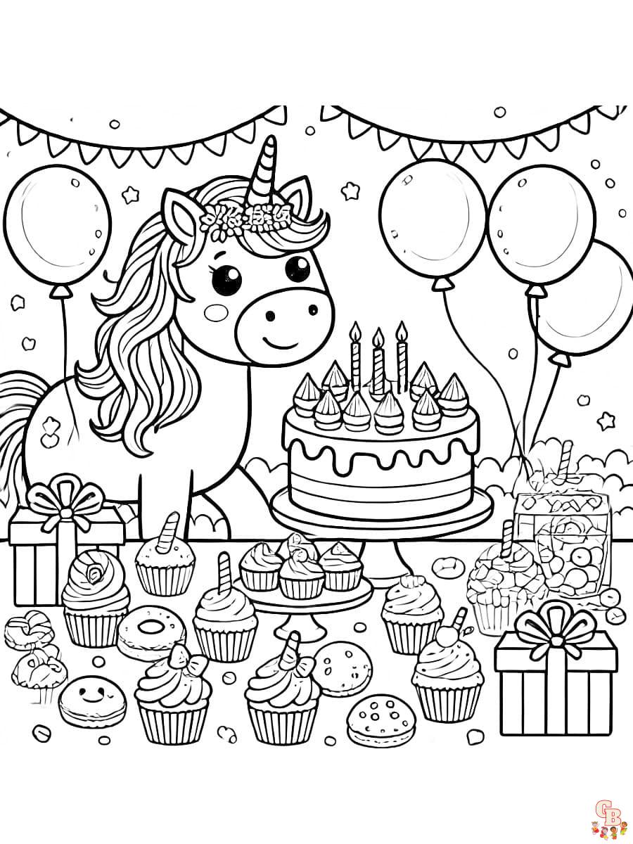 Ausmalbild Einhorn Geburtstag mit Leckereien und Ballons