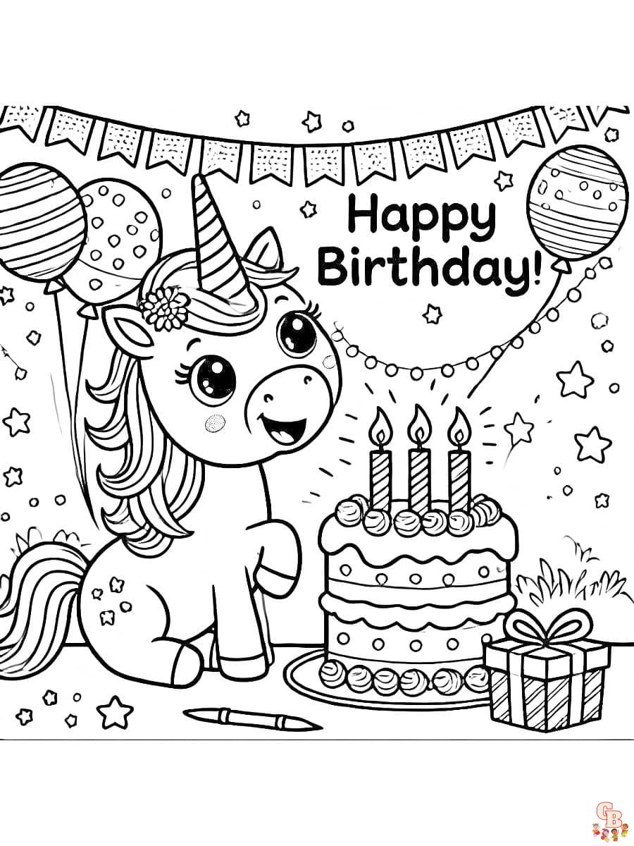 Happy Birthday Einhorn Ausmalbild mit Sternen und Luftballons