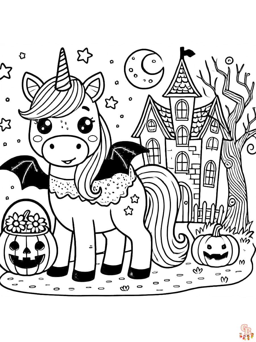 Spannendes Halloween Einhorn Ausmalbild mit Spukhaus und Kürbissen