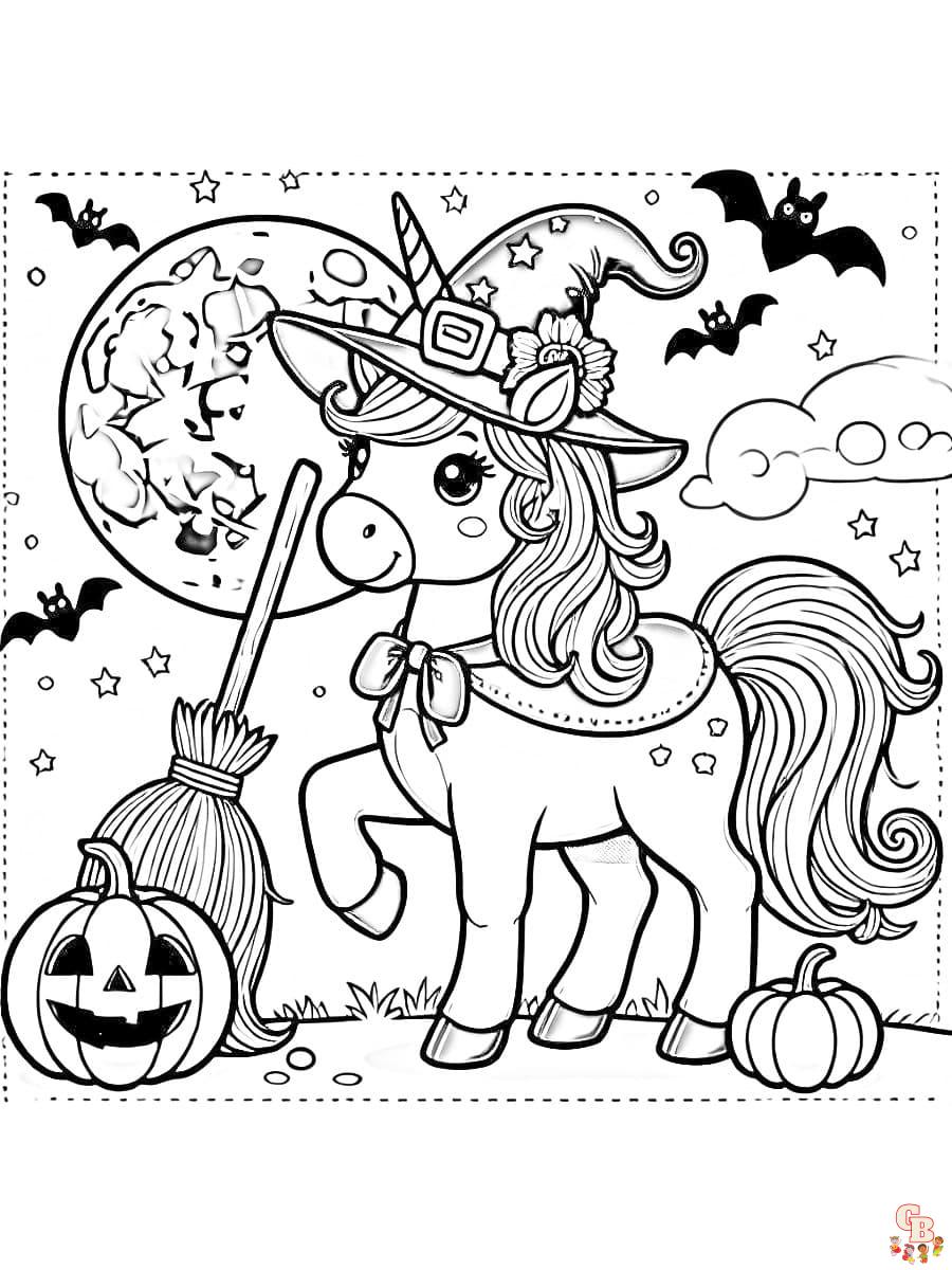 Buntes Halloween Einhorn Ausmalbild mit Hexenhut und Besen