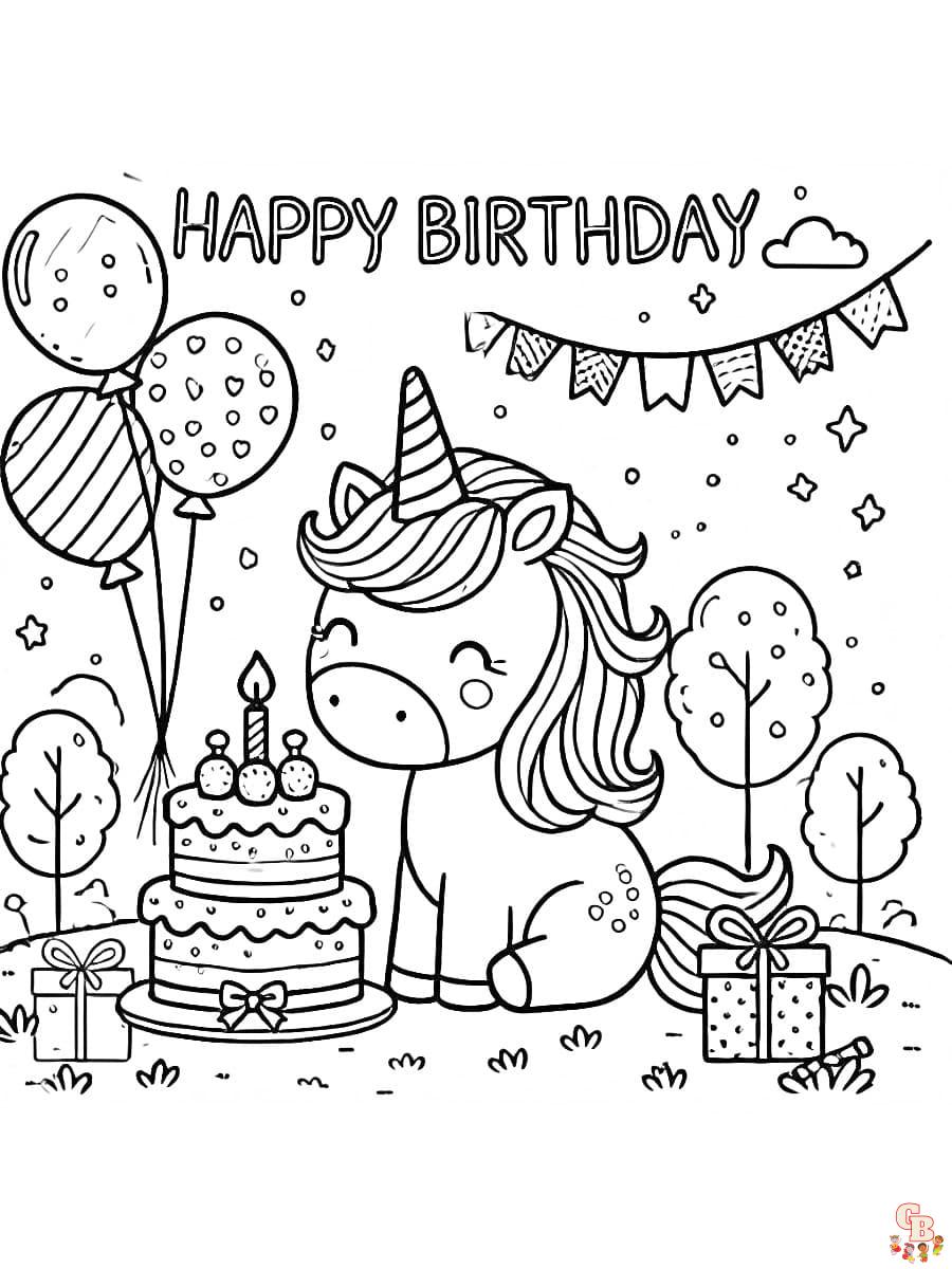 Niedliches Happy Birthday Einhorn Ausmalbild mit Luftballons