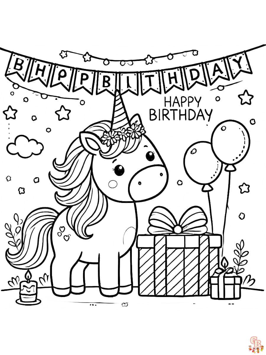 Lebhaftes Happy Birthday Einhorn Ausmalbild mit Geburtstags-Hut