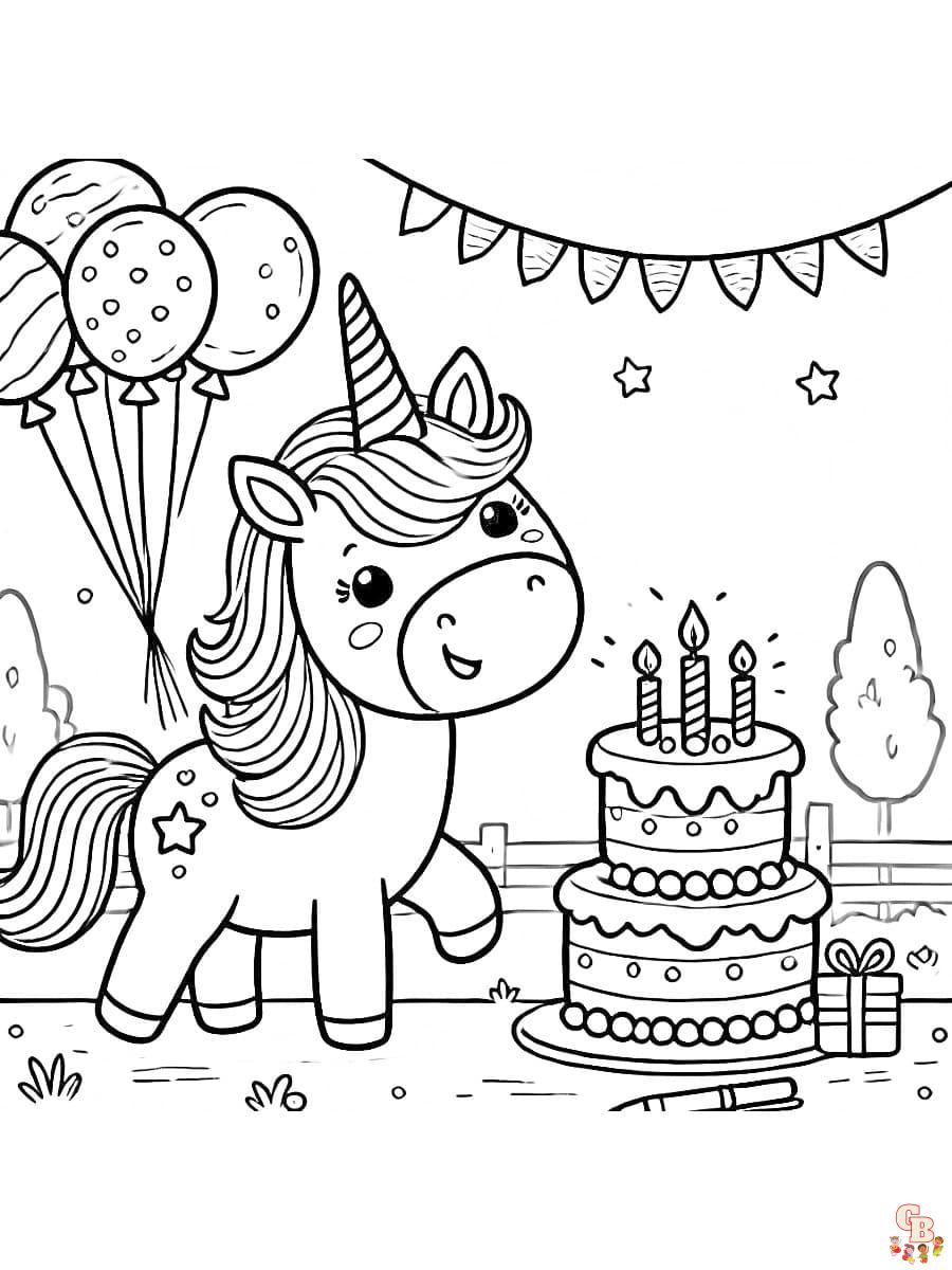 Niedliches Happy Birthday Einhorn Ausmalbild im Freien