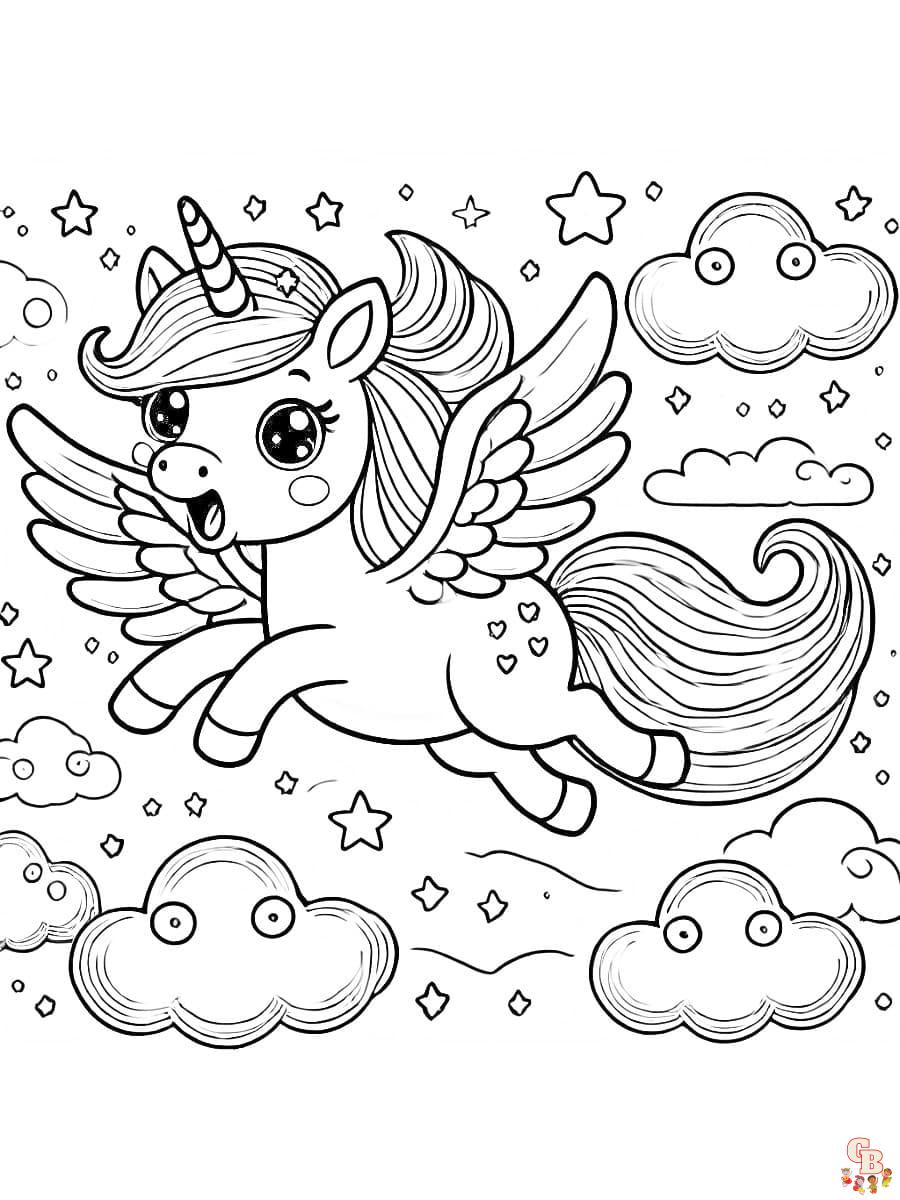 Galupy Unicorn Ausmalbilder schwebt durch Sterne und Wolken