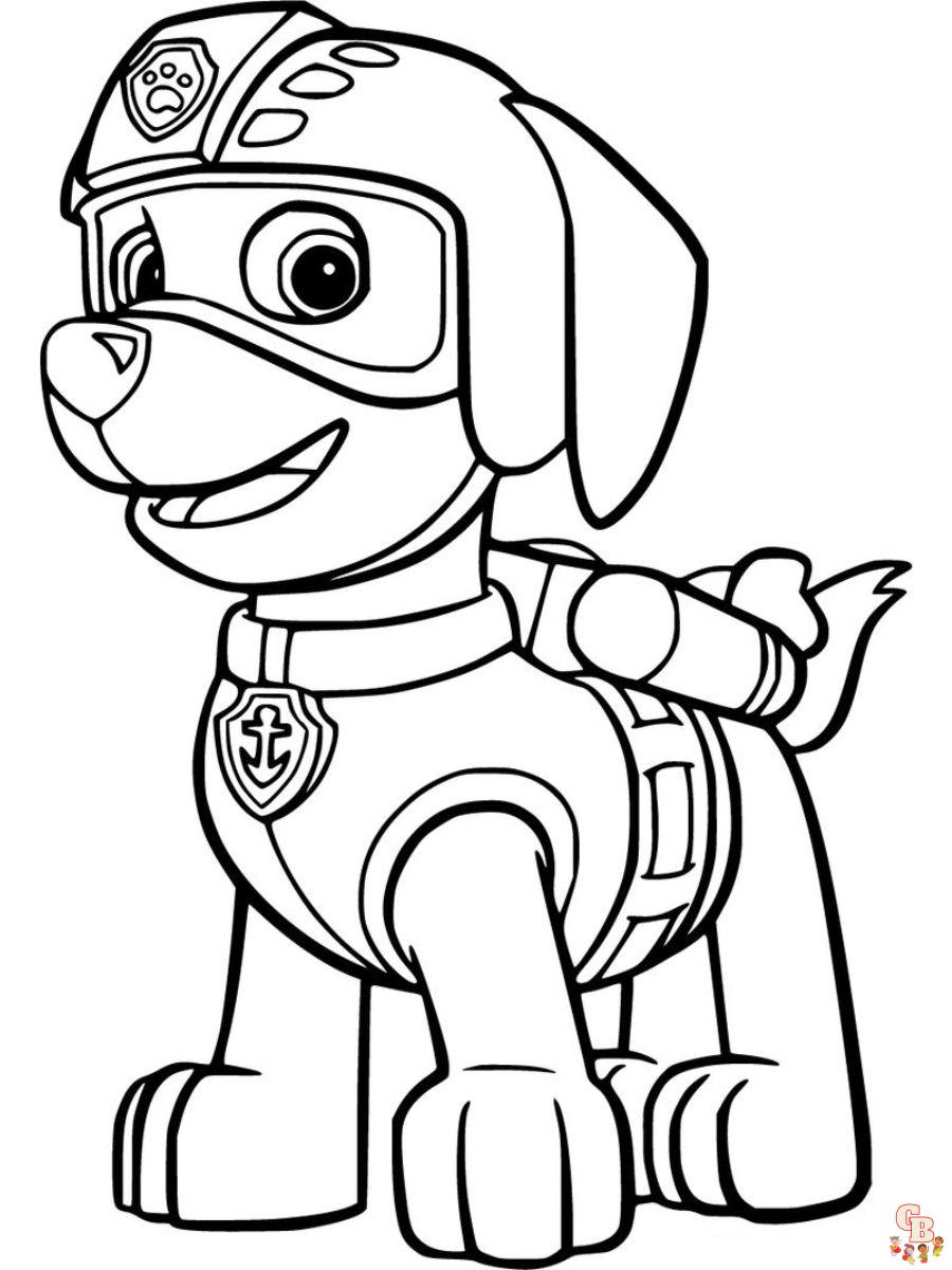 Paw Patrol Zuma Ausmalbild mit Schutzbrille und Abzeichen